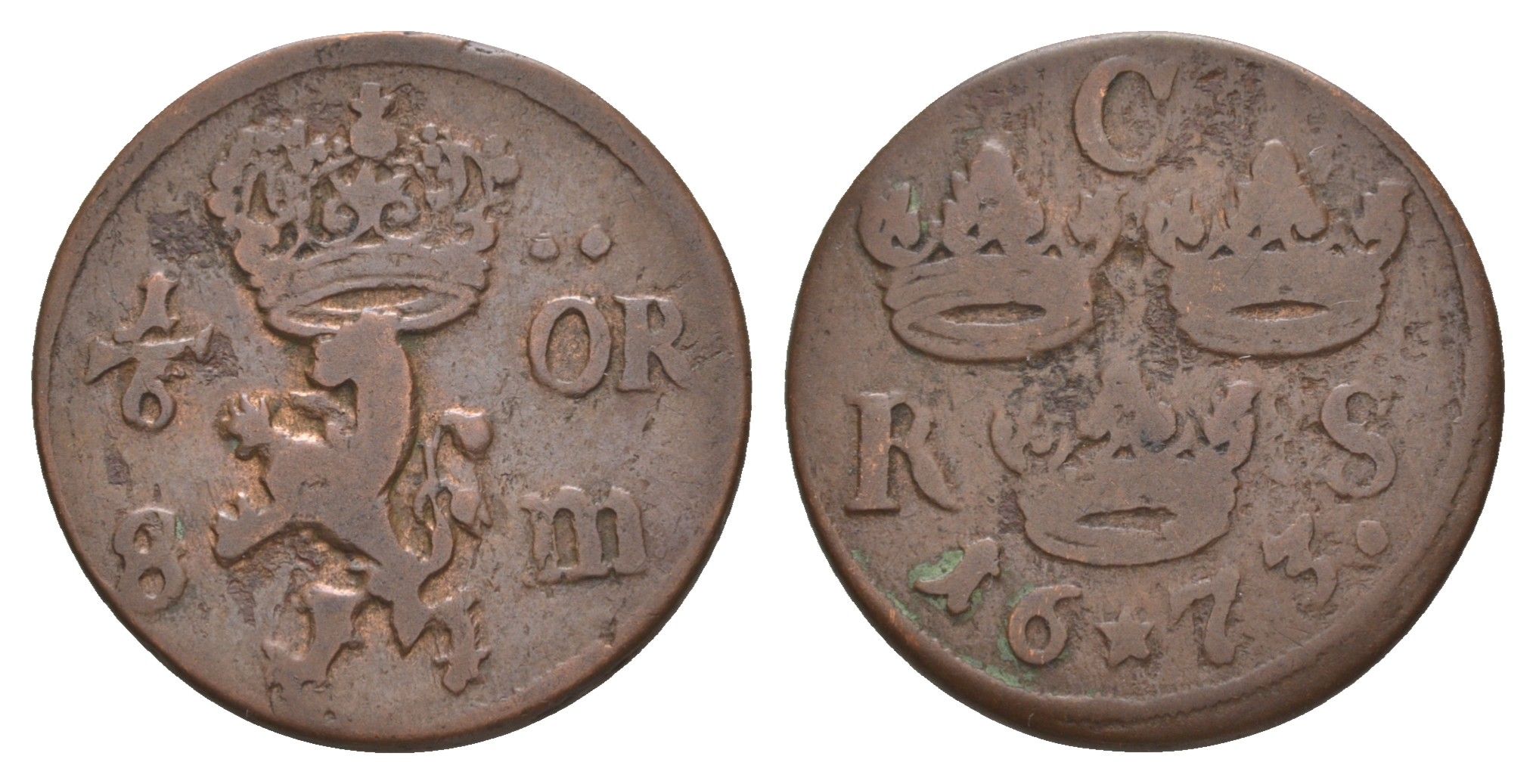 Швеция 1/6 эре 1673 Карл XI (1660-1697), была в обращении на территории России KM 254 медь 4656-134