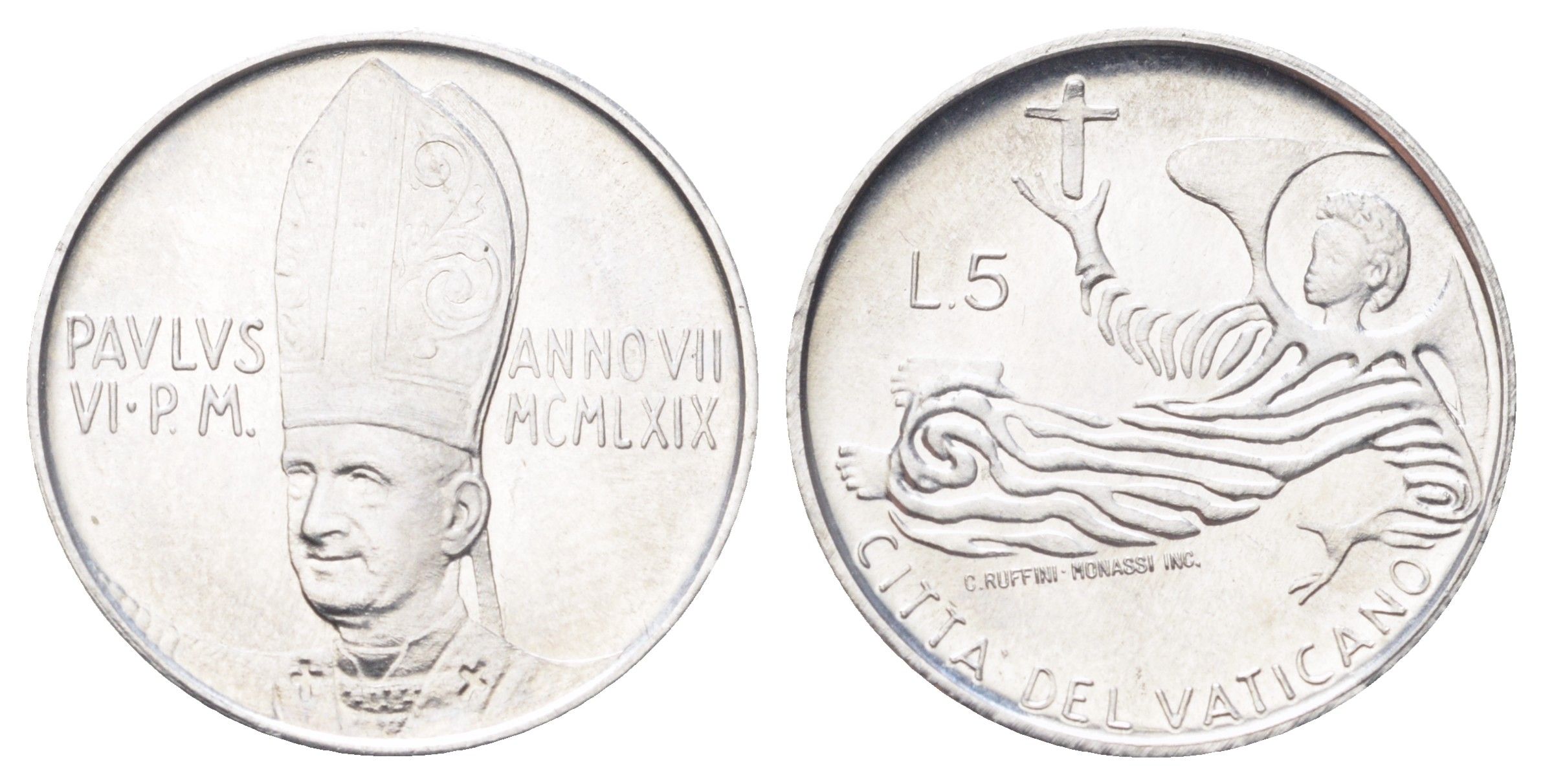Ватикан 5 лир 1969 MCMLXIX, год-тип KM 110 алюминий UNC 4701-514