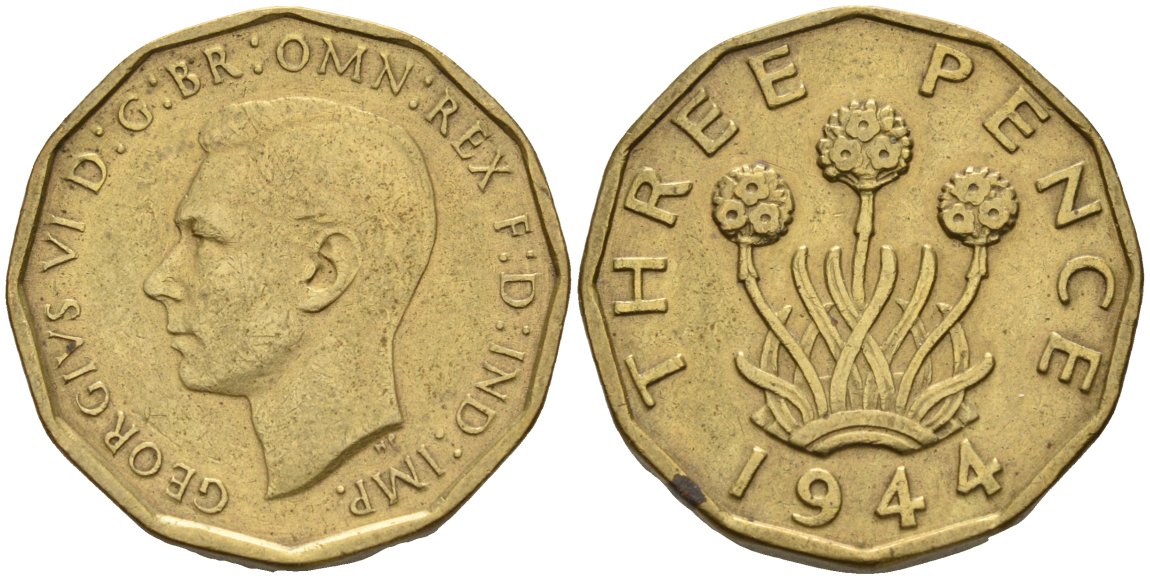 Великобритания 3 пенса 1944 Георг VI (1936-1952) KM 849, Spink 4112 никель латунь 190-642