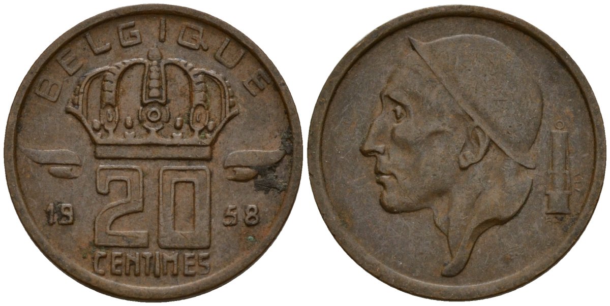Бельгия 20 сантимов 1958 Belgique, Бодуэн I (1951-1993) KM 146 бронза 4154-1047