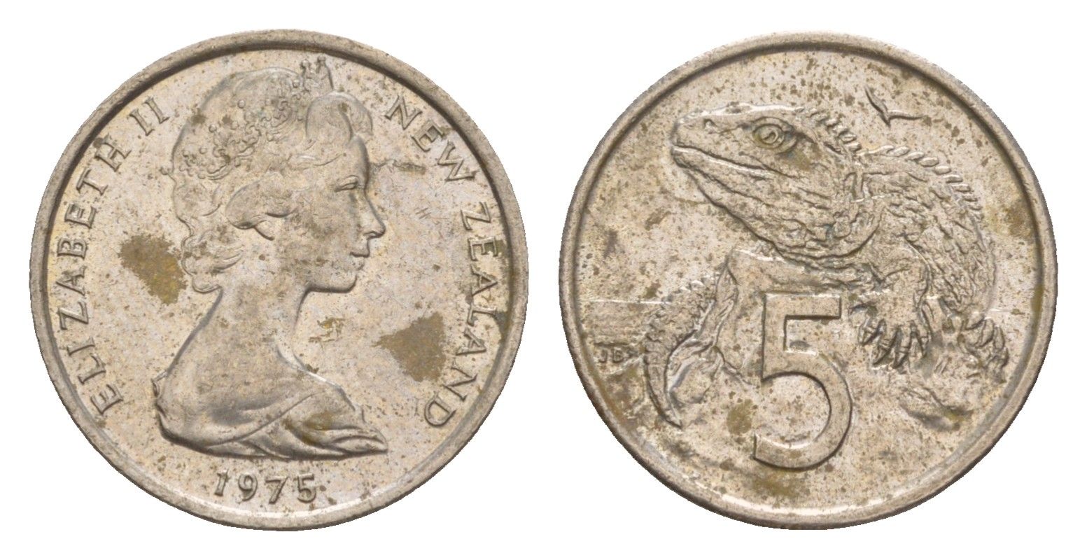 Новая Зеландия 5 центов 1975 Елизавета II (1952-2022), ящерица гаттерия KM 34.1 медно-никель 4178-333