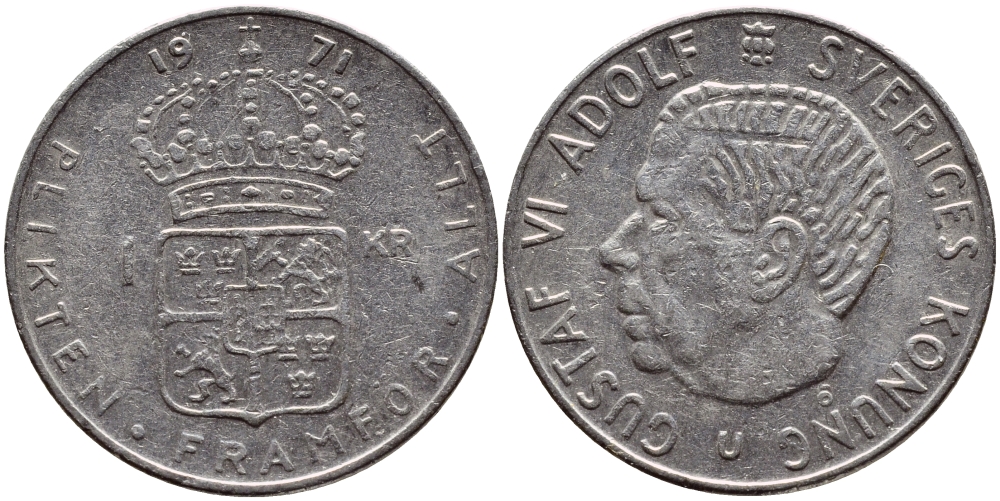 Швеция 1 крона 1971 Густав VI Адольф (1950-1973) KM 826a медь плакированная медно-никелем 4388-1234