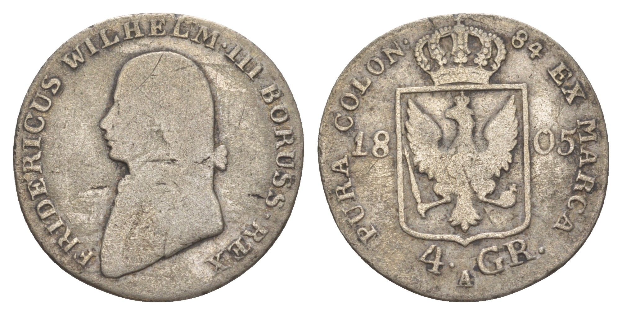 Пруссия 4 гроша 1805 A, Фридрих Вильгельм III (1797-1840) KM 370 серебро 4619-124