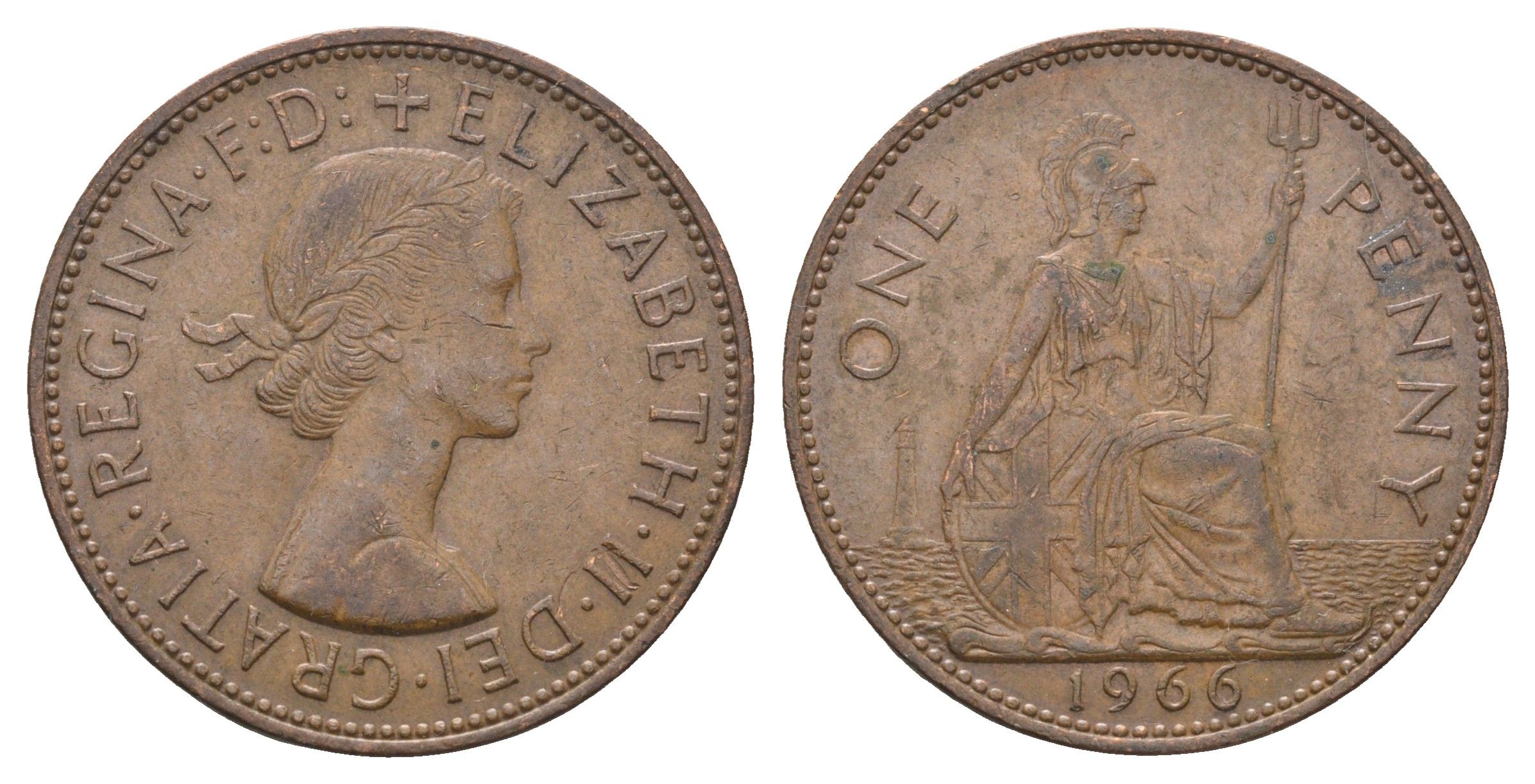 Великобритания 1 пенни 1966 Елизавета II (1952-2022) KM 897, Spink 4157 бронза 4661-934