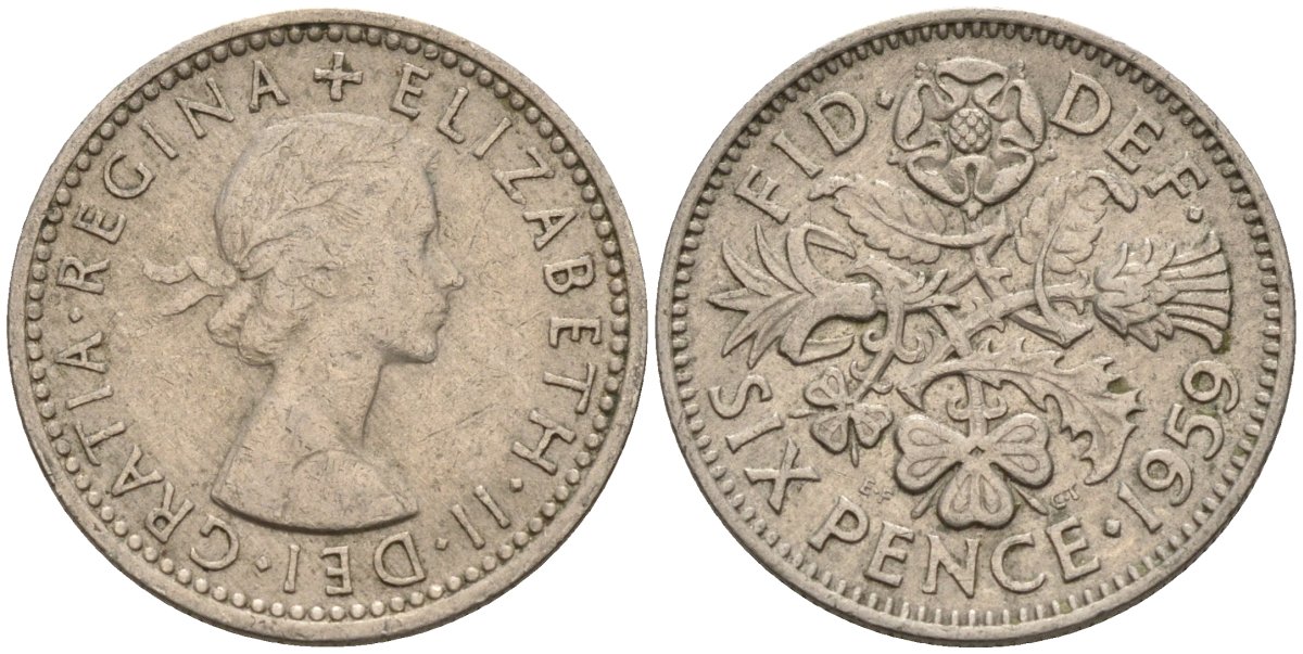 Великобритания 6 пенсов 1959 Елизавета II (1952-2022) KM 903, Spink 4149 медно-никель 4596-1042