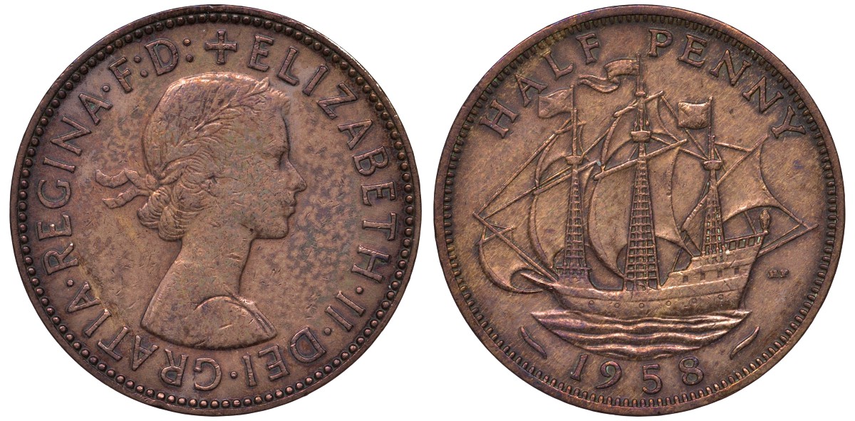 Великобритания 1/2 пенни 1958 Елизавета II (1952-2022) KM 896, Spink 4158 бронза 4122-825