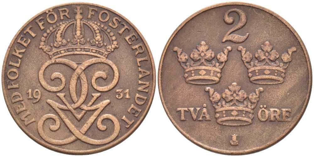 Швеция 2 эре 1931 Густав V (1907-1950) KM 778 бронза 119-1027
