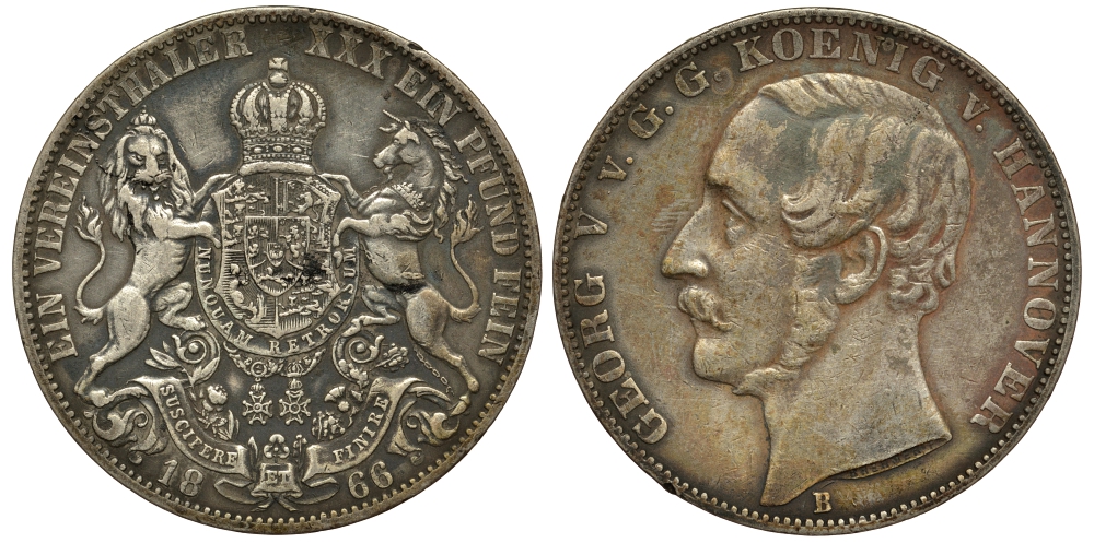 Брауншвейг-Каленберг-Ганновер 1 талер 1866 В, Георг V (1851-1866) КМ 230, AKS 144, Dav. 682, Kahnt 239, Thun 174 серебро 413-6835