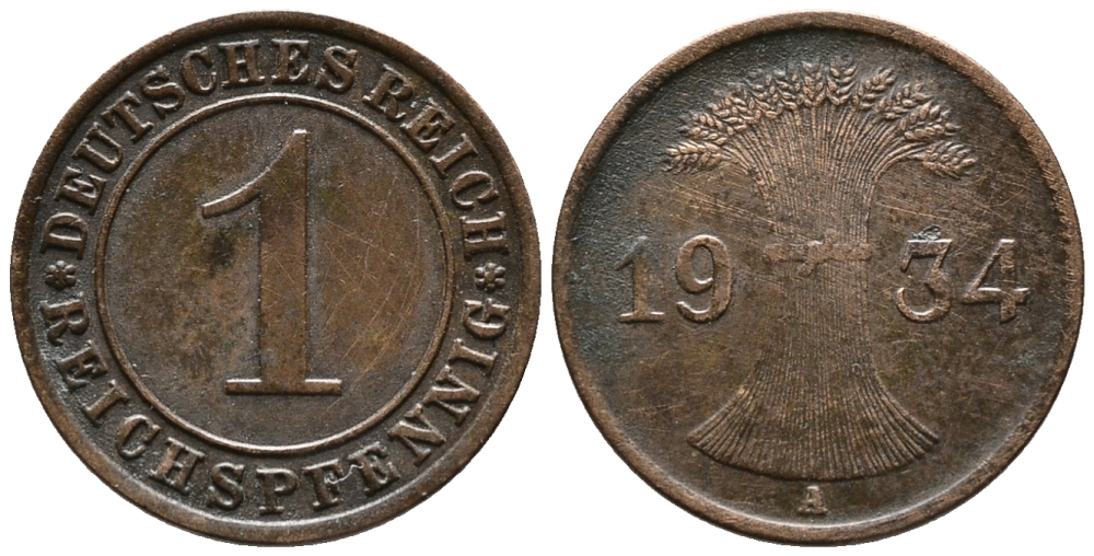 ГЕРМАНИЯ 1 РЕЙХСПФЕННИГ 1934 A KM 37, J. 313 бронза 39-1067