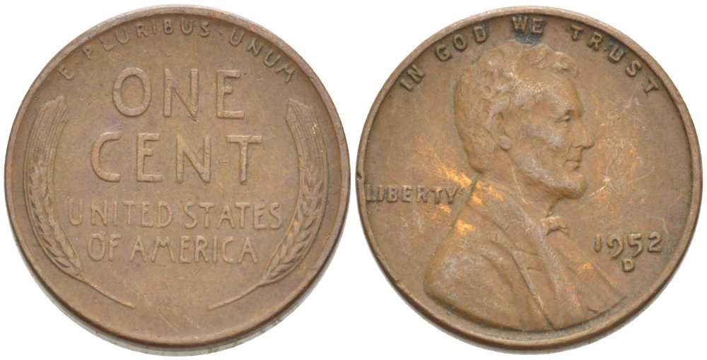 США 1 ЦЕНТ 1952 D, ЛИНКОЛЬН KM А132 медь цинк 218-245