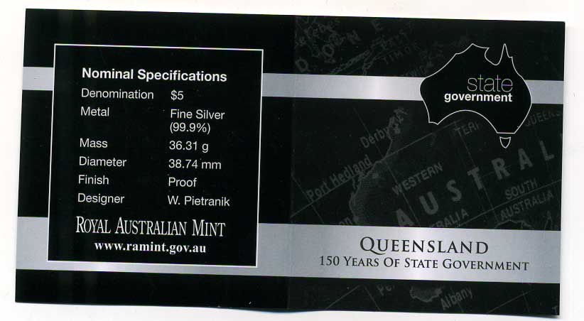 Австралия 5 долларов 2009 150 лет штату Квинсленд, коробка, сертификат, серебро KM NEW PROOF 2-5-2-1