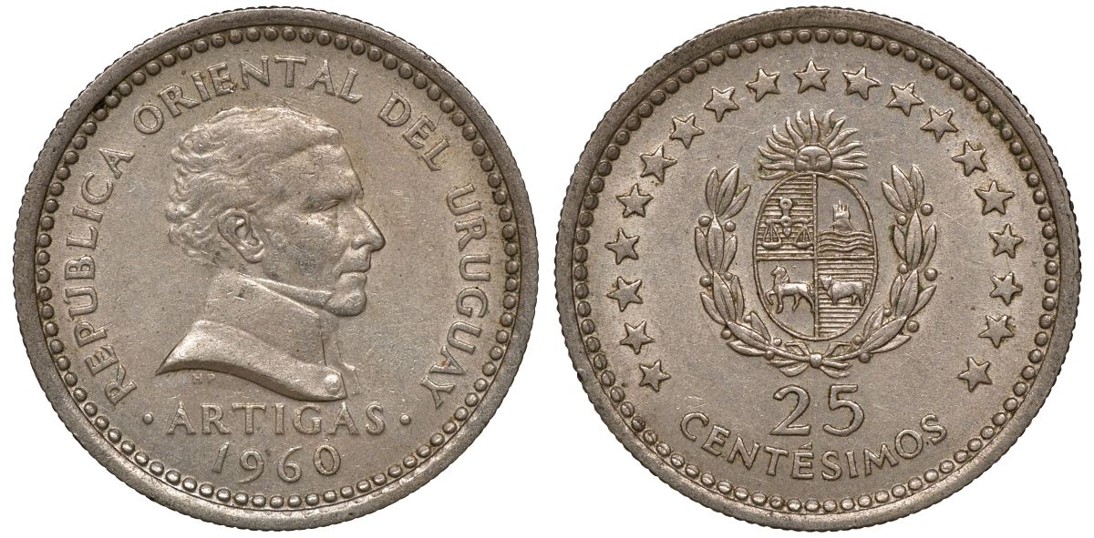 Уругвай 25 сентесимо 1960 KM 40 медно-никель 4169-1019