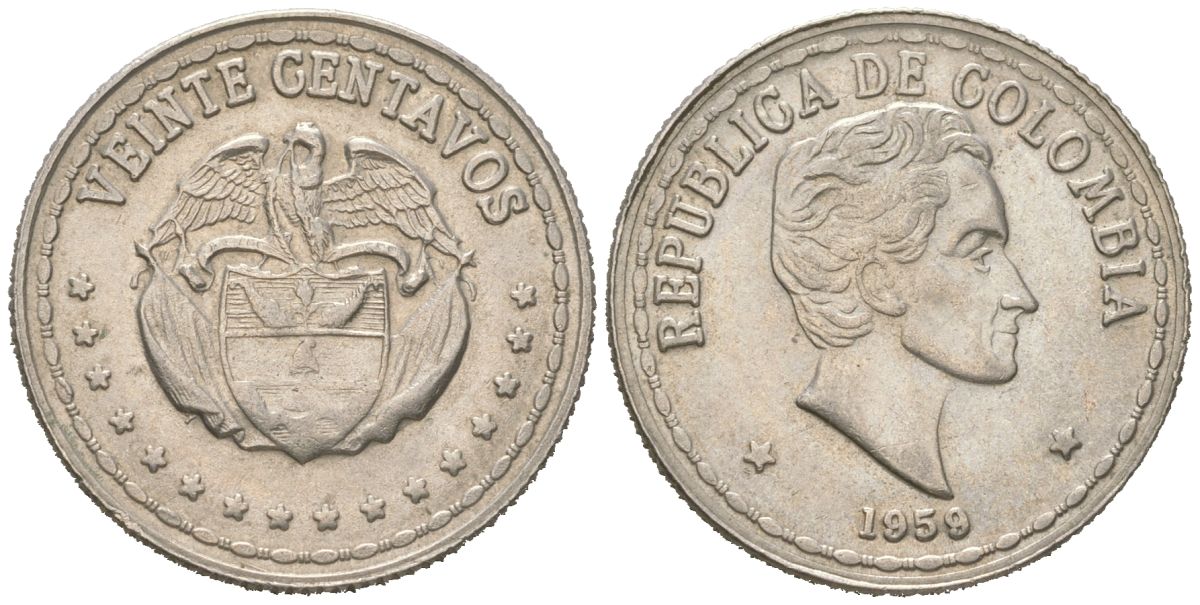 Колумбия 20 сентаво 1959 KM 215 медно-никель 4364-1131