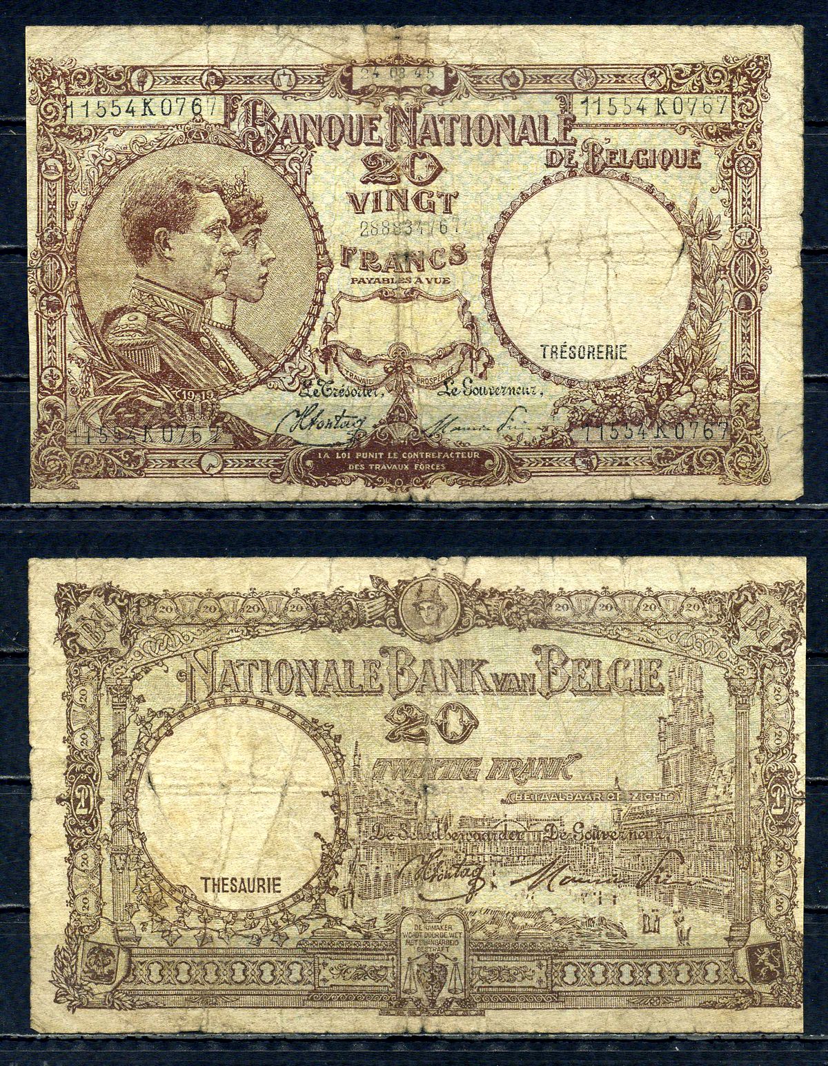 Бельгия 20 франков 1945 24.08.1945, Король Альберт I и его жена Королева Елизавета, Гран-Плас / Гроте Маркт, Брюссель Pick 111 (3) бумага 6301-18-1-1