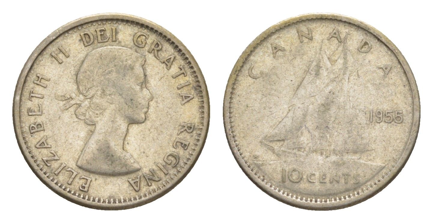 Канада 10 центов 1955 Елизавета II (1952-2022), парусник KM 51 серебро 4639-563