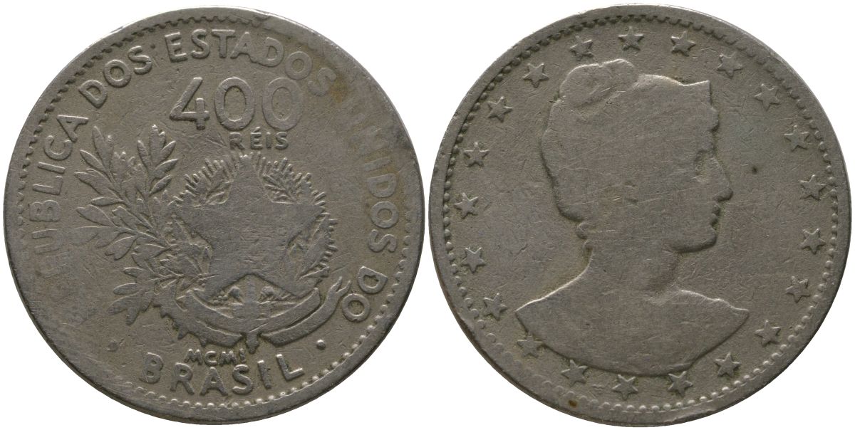 Бразилия 400 реалов (рейсов) 1901 MCMI KM 505 медно-никель 4557-1243