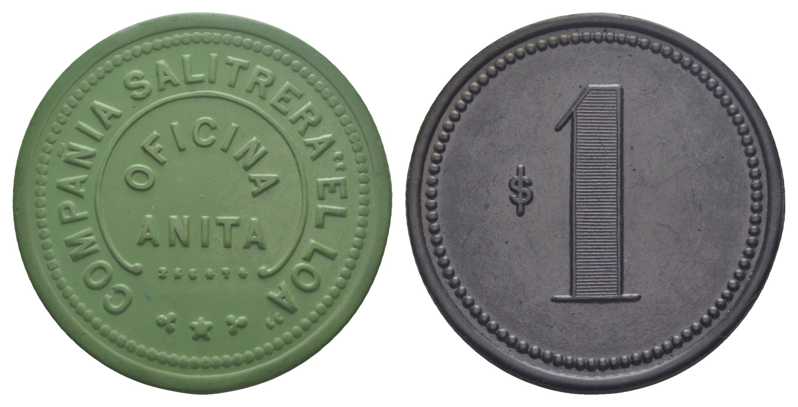 Чили, Анита (Anita), Антофагаста шахтерский жетон с Селитряного рудника для покупки в местных магазинах, номиналом в 1 песо 1880-1920 диаметр 45,5 мм, вес 6,88 гр Espinosa 20.2 эбонит (зеленый) 1094-11-22
