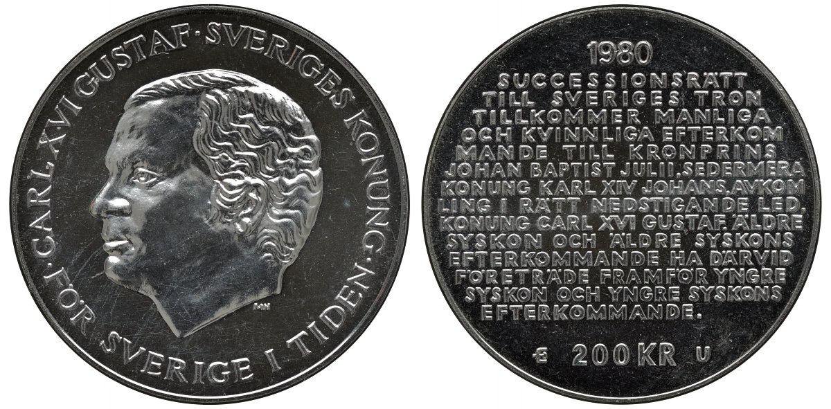 Швеция 200 крон 1980 U, Карл XVI Густав (1973- ), шведский королевский свод законов о престолонаследии KM 860 серебро PROOFLIKE 443-1215
