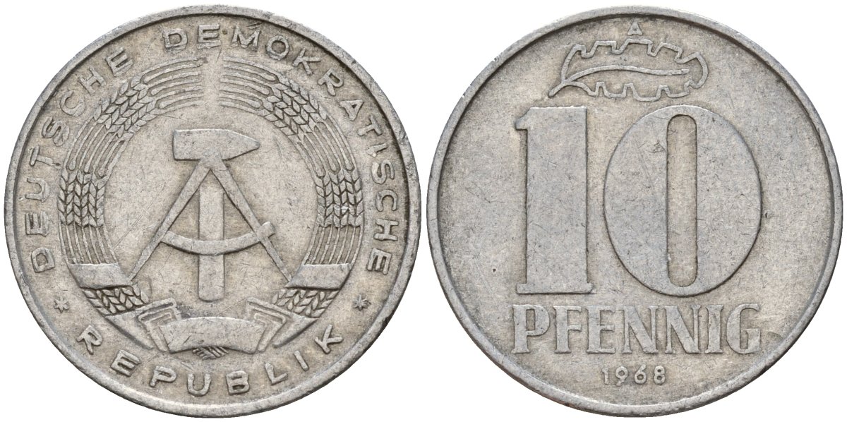 ГДР 10 пфеннигов 1968 A KM 10 алюминий 55-215