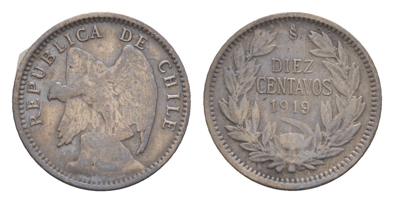 Чили 10 сентаво 1919 KM 156.2a серебро 4655-613