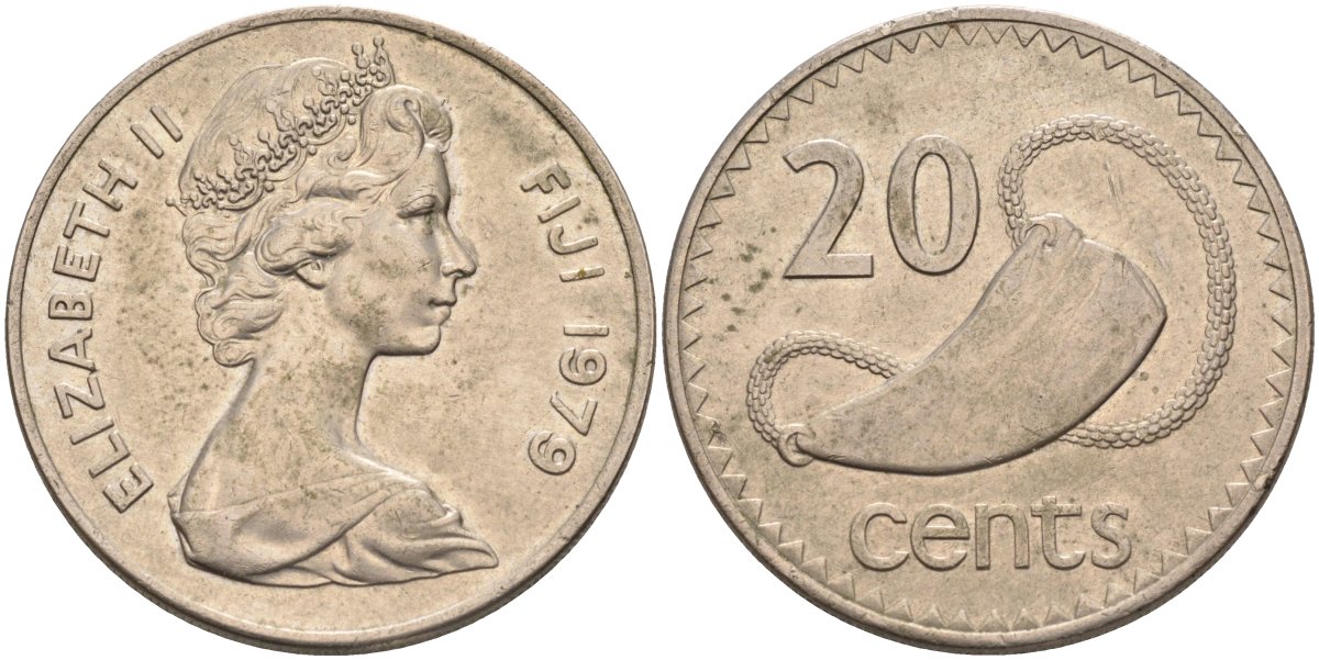 Фиджи 20 центов 1979 Елизавета II (1952-2022), китовый зуб KM 31 медно-никель 4131-1234
