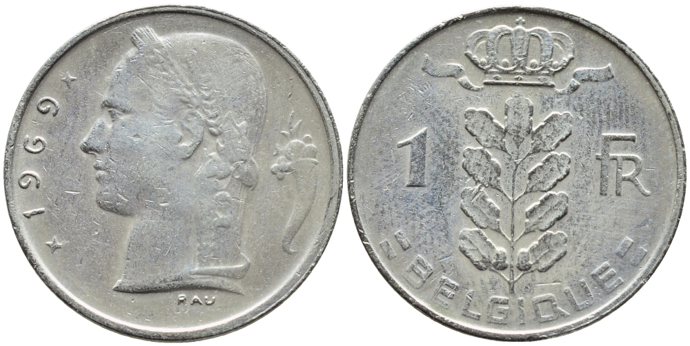 БЕЛЬГИЯ 1 ФРАНК 1969 BELGIQUE KM 142.1 медно-никель 4385-441