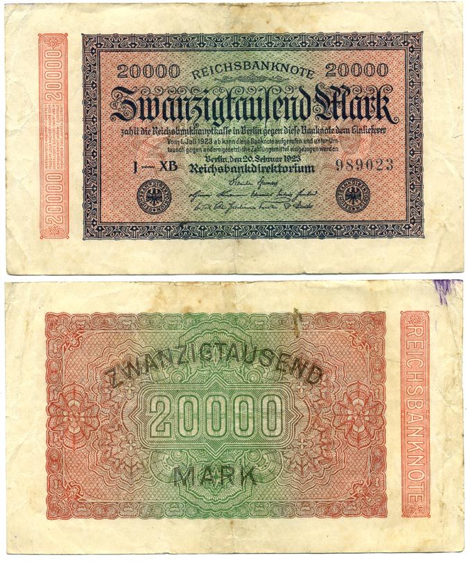 ГЕРМАНИЯ 20000 МАРОК 1923 20 ФЕВРАЛЯ 1923, ВОДЯНОЙ ЗНАК G Pick 85с бумага 7547-85-3