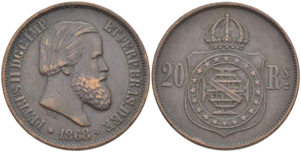 Бразилия 20 рейсов 1868 Педро II (1831-1889) KM 474 бронза 4529-514