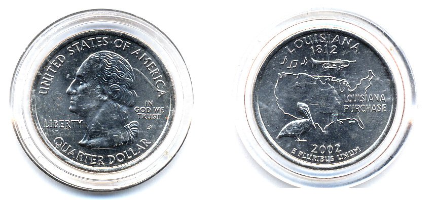 США 25 центов = квотер 2002 D, серия штаты США, Луизиана KM 333 медь плакированный медно-никелем UNC 61-643