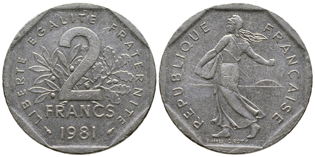 ФРАНЦИЯ 2 ФРАНКА 1981 СЕЯТЕЛЬ KM 942.1, LE FRANC 272.5 никель 36-123