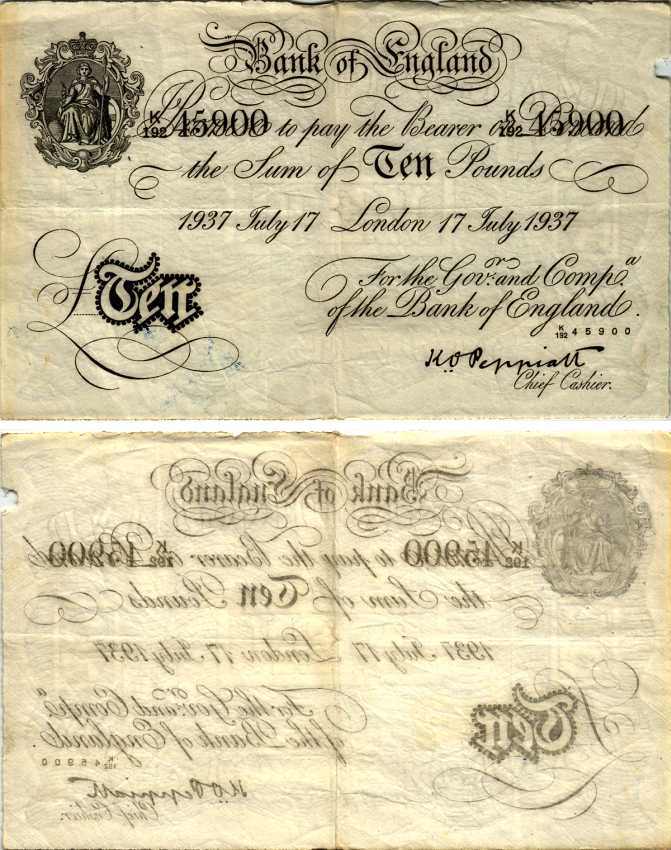 Англия 10 фунтов 1937 Лондон, 17 июля 1937, Операция "Бернхард", фальшивка в ущерб денежному обращению Pick 336 бумага 451-182-1