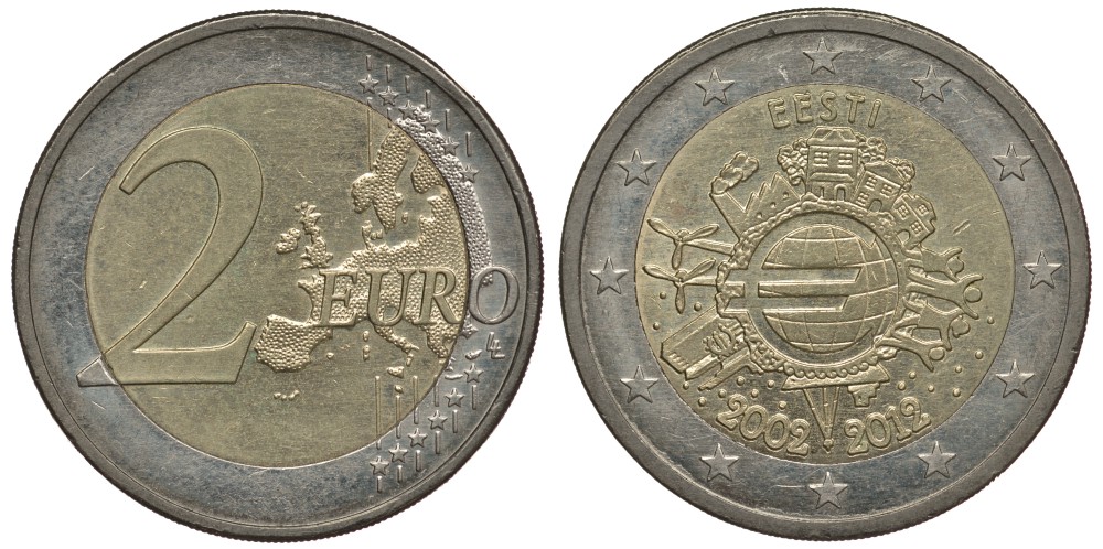 Эстония 2 евро 2012 10 лет монетарной политике и наличному евро KM 70 биметалл 4384-446