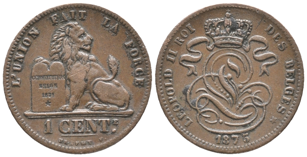БЕЛЬГИЯ 1 САНТИМ 1875 BELGES KM 33.1 медь 100-1112