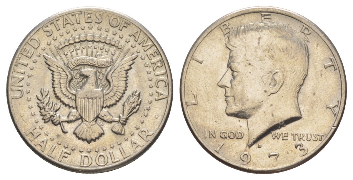 США 1/2 доллара (50 центов) 1973 Джон Кеннеди KM 202b медь плакированная медно-никелем aUNC 4536-322