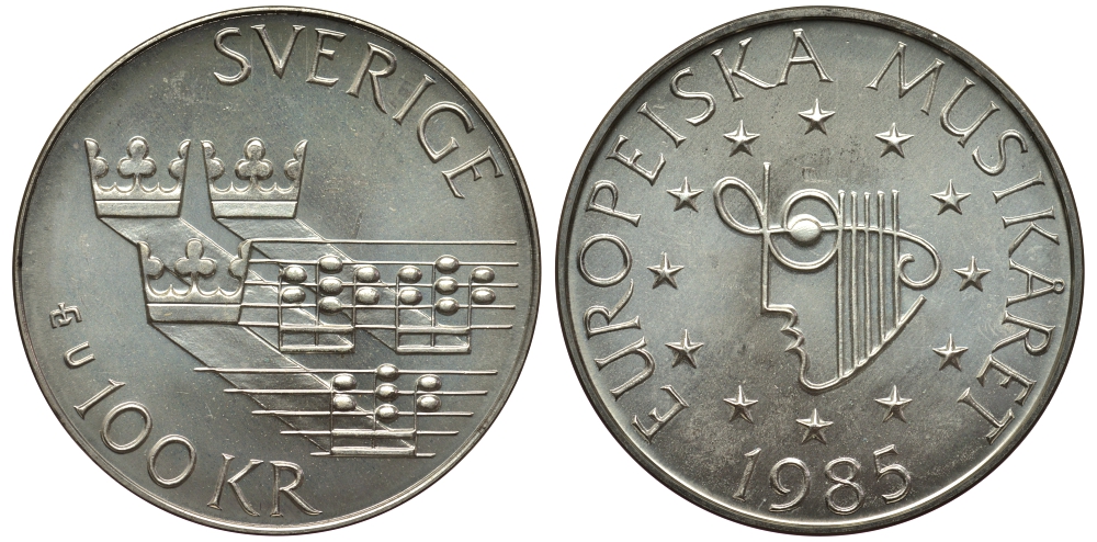 Швеция 100 крон 1985 Карл XVI Густав (1973- ), европейский год музыки KM 865 серебро UNC 1530-1435