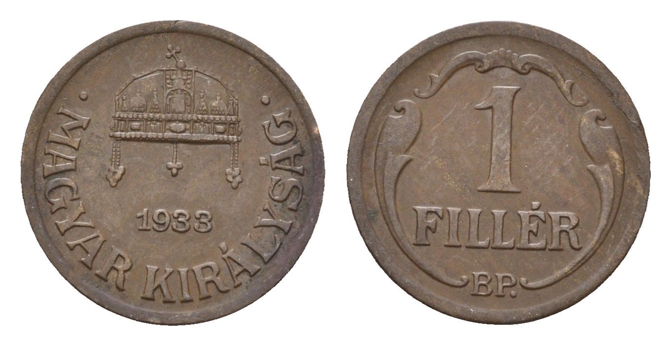 Венгрия 1 филлер 1933 KM 505 бронза 44-1219