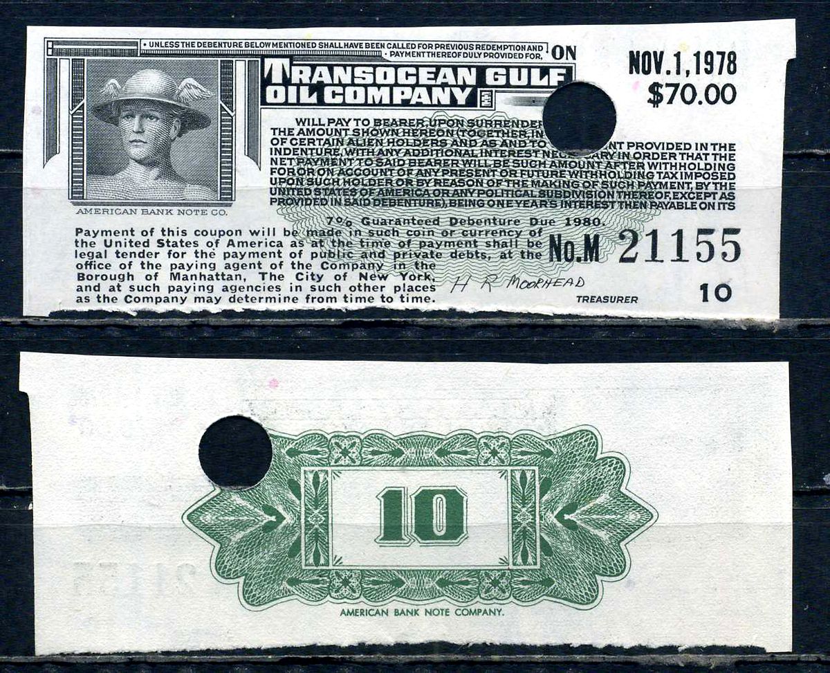 США, Трансокеанская нефтяная компания Персидского залива купон от акции 1978 бумага aUNC 6294-47-2-2