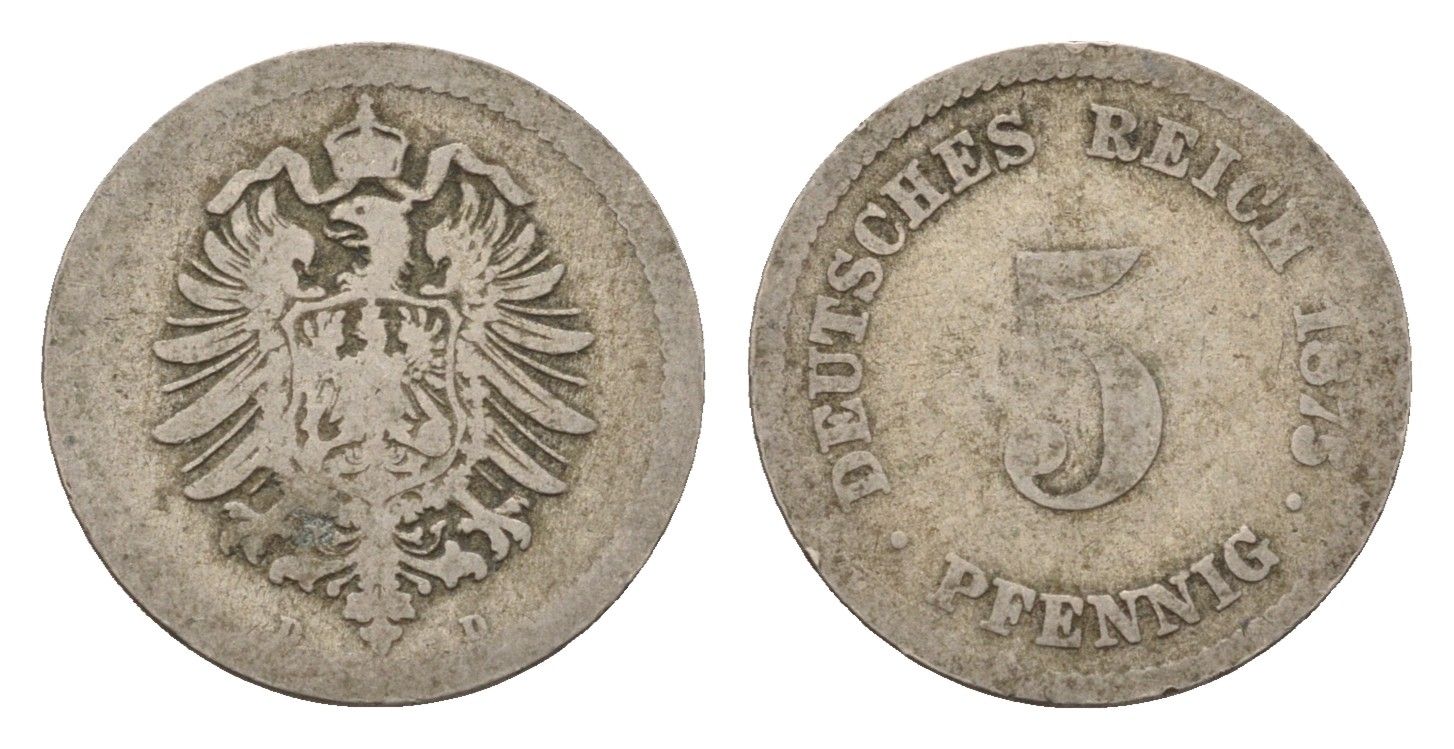 Германия 5 пфеннигов 1875 D, Вильгельм I (1861-1888) KM 3, J. 3 медно-никель 4611-1036
