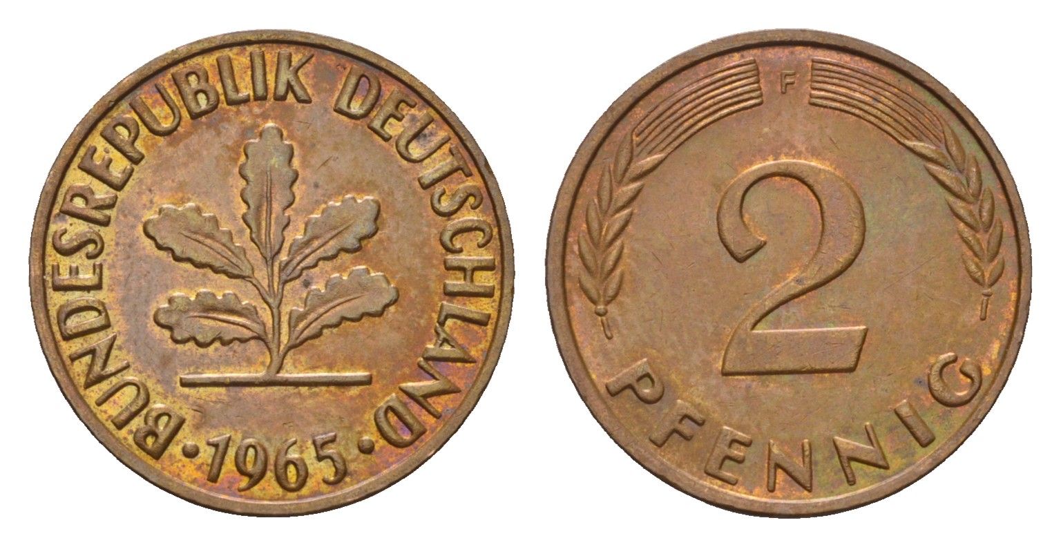 ФРГ 2 пфеннига 1965 F KM 106, J. 381 бронза 4147-825