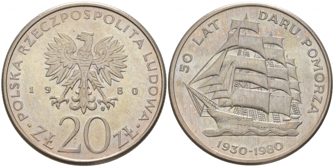 Польша 20 злотых 1980 MW, 50 лет фрегату «Дары Поморца» KM 112, Parchimowicz 253 медно-никель 73-415