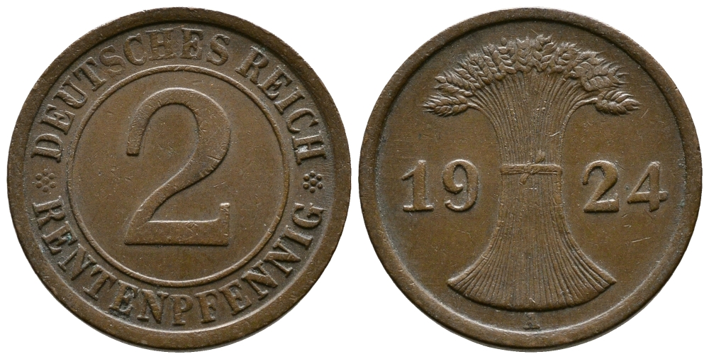 ГЕРМАНИЯ 2 РЕНТЕНПФЕННИГА 1924 A KM 31, J.307 бронза 86-1315