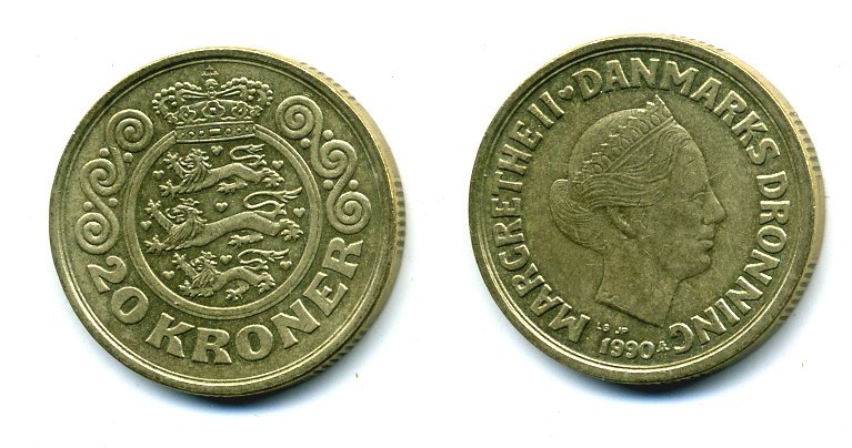 ДАНИЯ 20 КРОН 1990 LG; JP; A, МАРГРЕТЕ II (1972-) KM 871 алюминиевая бронза 25-842