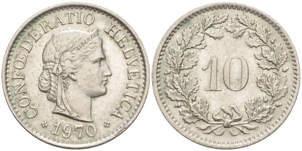 Швейцария 10 раппенов 1970 KM 27 медно-никель 55-432