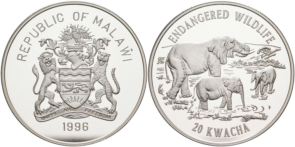 Малави 20 квача 1996 серия защита дикой природы, слоны KM 35 серебро PROOF 1098-2-11