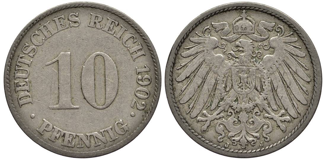 Германия 10 пфеннигов 1902 J KM 12, Jager 13, Weege 8 медно-никель 219-352