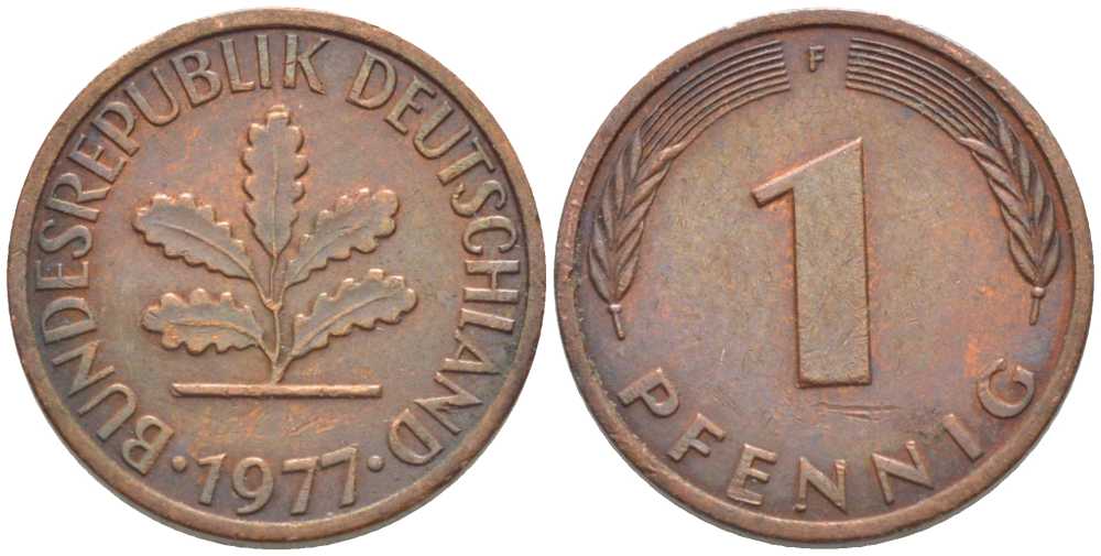 ФРГ 1 ПФЕННИГ 1977 F KM 105, J. 380 сталь плакированная медью 116-366