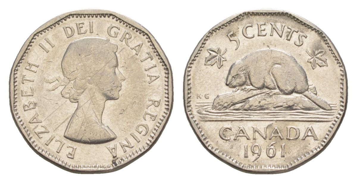 Канада 5 центов 1961 Елизавета II (1952-2022), бобр KM 50a никель 4630-667