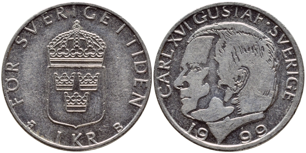 Швеция 1 крона 1999 Карл XVI Густав (1973- ) KM 852a медно-никель 4385-545