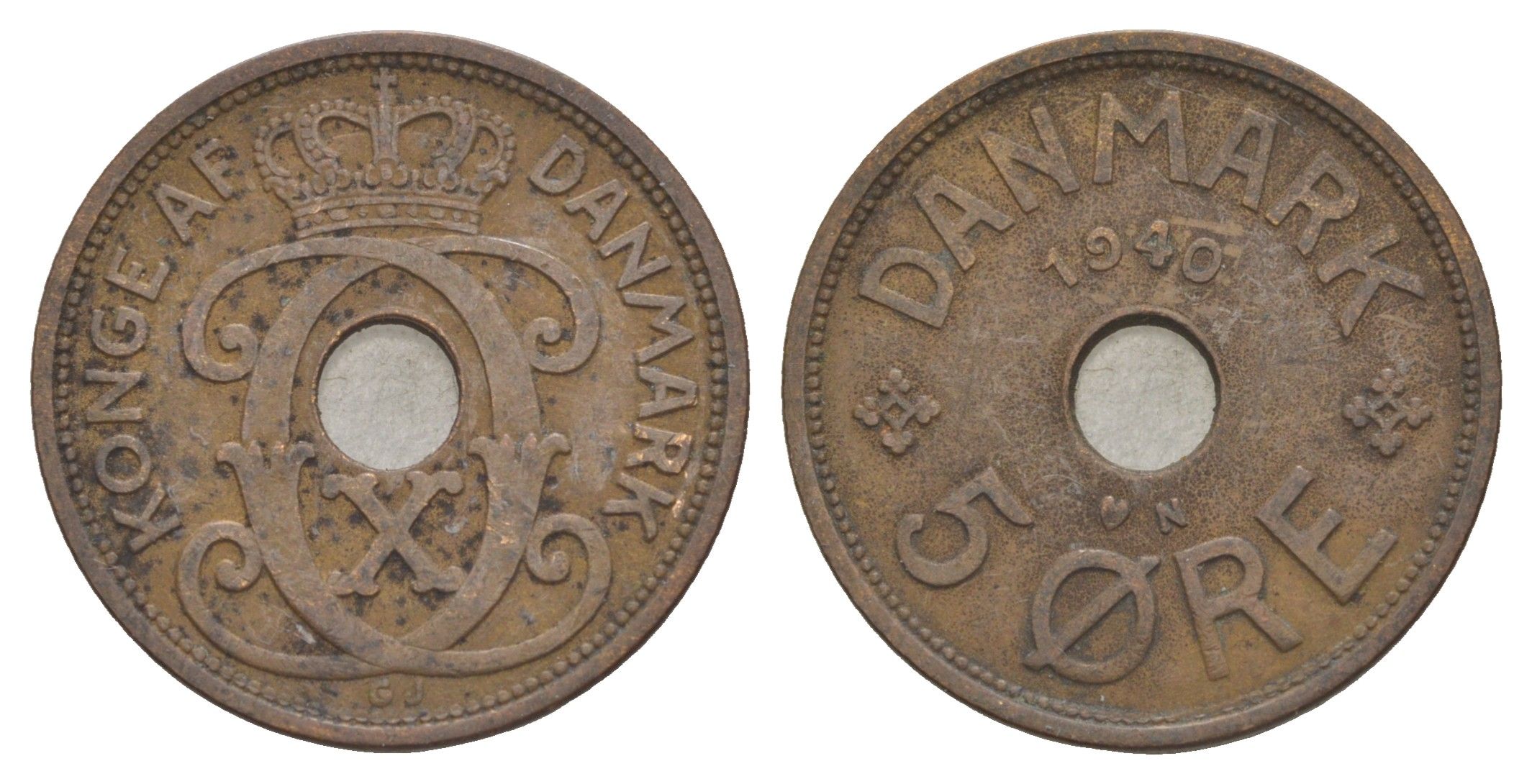 Дания 5 эре 1940 N, Кристиан X (1912-1947) KM 828 бронза 4638-634