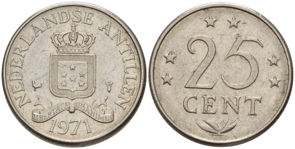 Нидерландские Антилы 25 центов 1971 Юлиана (1948-1980) KM 183 никель 66-355